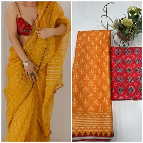 Soft Munga Kota Cotton Checks Saree with Beautiful Prints & Contrast Blouse